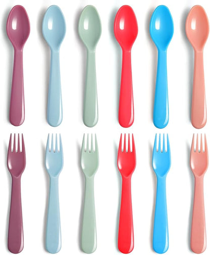 ChaLeeMoo12Pcs Plastic Kids Forks and Spoons Set, Reusable Toddler Utensils Assorted Colors Kids Silverware Set for School Lunch Box Camping Travel, Also for Adult to Use, BPA Free Dishwasher Safe