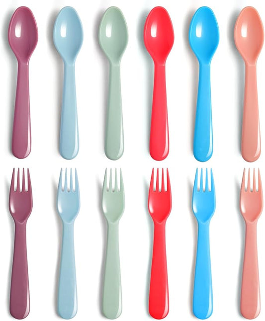 ChaLeeMoo12Pcs Plastic Kids Forks and Spoons Set, Reusable Toddler Utensils Assorted Colors Kids Silverware Set for School Lunch Box Camping Travel, Also for Adult to Use, BPA Free Dishwasher Safe