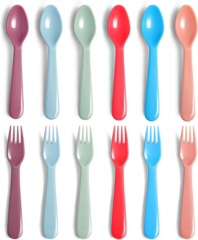 ChaLeeMoo12Pcs Plastic Kids Forks and Spoons Set, Reusable Toddler Utensils Assorted Colors Kids Silverware Set for School Lunch Box Camping Travel, Also for Adult to Use, BPA Free Dishwasher Safe