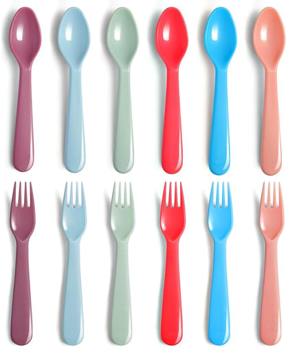 ChaLeeMoo12Pcs Plastic Kids Forks and Spoons Set, Reusable Toddler Utensils Assorted Colors Kids Silverware Set for School Lunch Box Camping Travel, Also for Adult to Use, BPA Free Dishwasher Safe