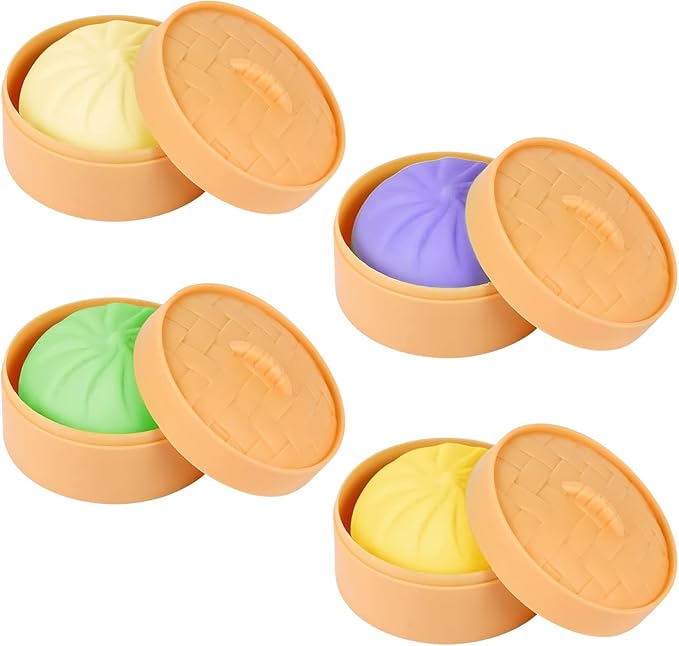 4PCS Dumpling Squishy, Colorful Dumpling Stress Balls Fidget Toys Adults, Squeeze Dough Ball Stress Relief Hand Toys, with Food Steamer Stretchy, for Classroom Prizes, Easter Basket Stuffers