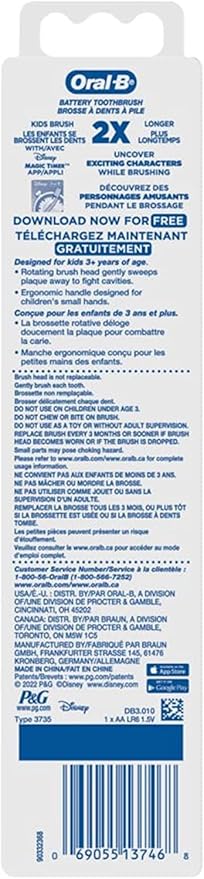 Oral-B Kid's Battery Toothbrush Featuring Disney's Encanto, Soft Bristles, for Kids 3+ (Pack of 2)