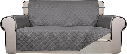 PureFit Reversible Quilted Sofa Cover, Water Resistant Slipcover Furniture Protector, Washable Couch Cover with Non Slip and Elastic Straps for Kids, Dogs, Pets (Oversized Loveseat, Gray/Gray)