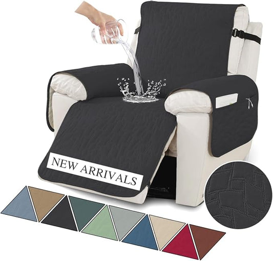 XINEAGE 100% Waterproof Recliner Chair Covers with Elastic Straps, Nonslip Reclining Couch Covers Washable Recliner Couch Cover with Pockets Furniture Protector for Pets Dogs (Black, 23")