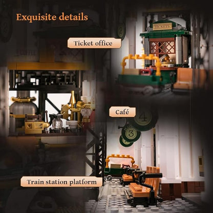 PANTASY Train Station Architecture Building Set, Steampunk Railway Station Building-Bricks Set, Features a Buildable Train, Tracks, Ticket Office Construction Building Toy Kit for Adults and Teen