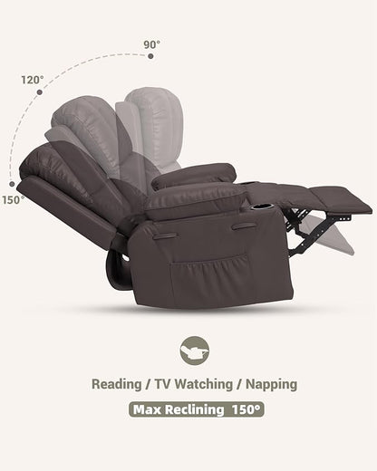 22'' Leather Recliner Chair for Adults, Overstuffed Manual Recliner Chair, Single Sofa with Cup Holder and Side Pockets, Upholstered Chair for Living Rooms, Coffee