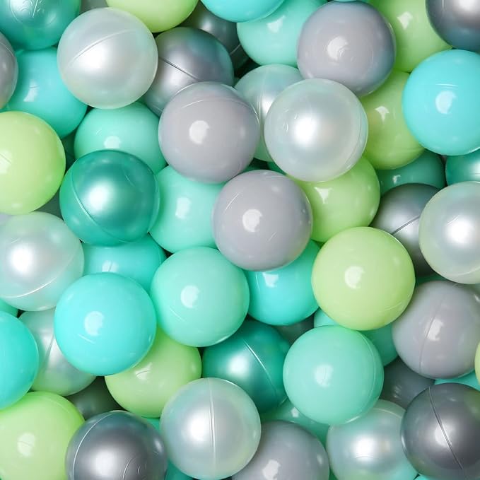 GOGOSO Ball Pit Balls -100pcs BPA Free Balls Crush Proof Pool Balls Toy for Baby Boys Girls Playhouse Pool Birthday Party Decoration,Pearl Balls +Macaron Balls Green+Gray+White