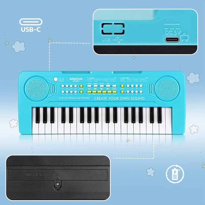 Keyboard Piano for Kids, BIGFUN 37 Keys Toddler Piano Multifunction Music Educational Instrument Toy, Electronic Kids Keyboard for 3-7 Year Old Girls and Boys (Blue)