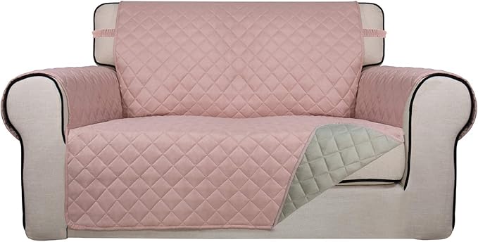 PureFit Reversible Quilted Sofa Cover, Water Resistant Slipcover Furniture Protector, Washable Couch Cover with Non Slip and Elastic Straps for Kids, Dogs, Pets (Loveseat, Pink/Beige)