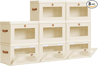 Homsorout Large Closet Storage Bins - Collapsible Clothing Organizer with Handles & Window, Decorative Bin with Lids, Linen Closet Organizers for Living Room, Dorm, 8 Pack, Beige