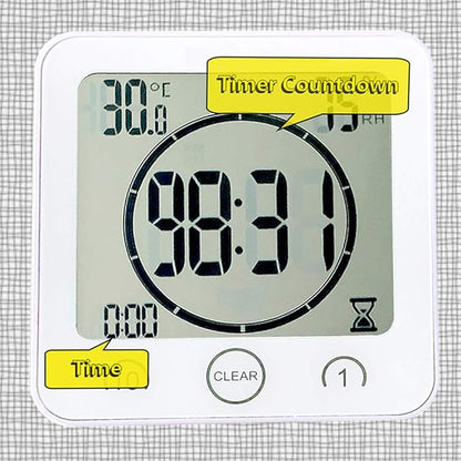 Timer Waterproof for Shower, Water Resistant Bathroom Wall Clock with Suction, Large Countdown Visual Timer for Kids, Digital Outdoor Hanging Clock with Temperature and Humidity Display (White)