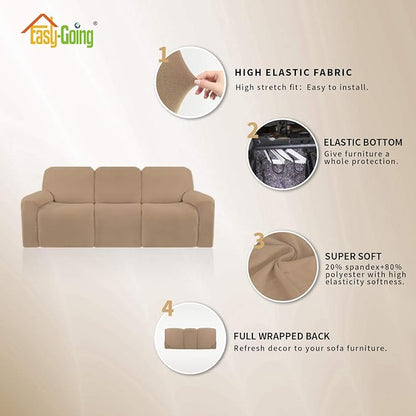 Easy-Going 8 Pieces Microfiber Stretch Sectional Recliner Sofa Slipcover Soft Fitted Fleece 3 Seats Couch Cover Washable Furniture Protector with Elasticity for Kids Pet(Recliner Sofa, Camel)