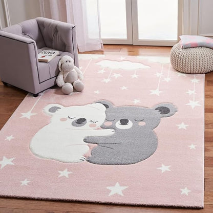 SAFAVIEH Carousel Kids Collection Area Rug - 6'7" x 9', Pink & White, Koala Design, Non-Shedding & Easy Care, Ideal for High Traffic Areas for Boys & Girls in Playroom, Nursery, Bedroom (CRK195U)