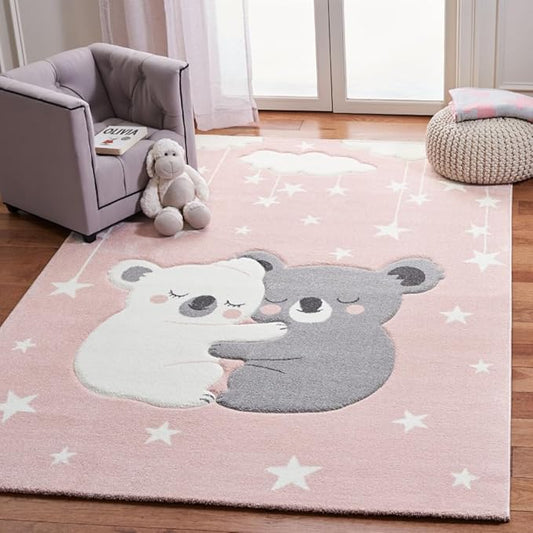 SAFAVIEH Carousel Kids Collection Area Rug - 6'7" x 9', Pink & White, Koala Design, Non-Shedding & Easy Care, Ideal for High Traffic Areas for Boys & Girls in Playroom, Nursery, Bedroom (CRK195U)