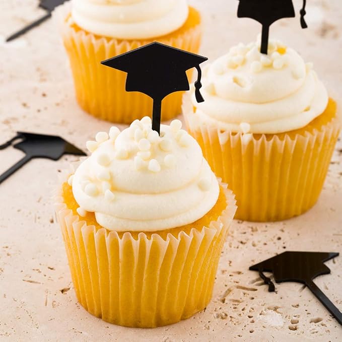 Restaurantware Top Cake 2.9 X 1.6 Inch Cake Toppers 10 Graduation Hat Cake Topper Inserts - Sturdy Double Sided Black Paper Cake Decoration Graduation Party Supplies