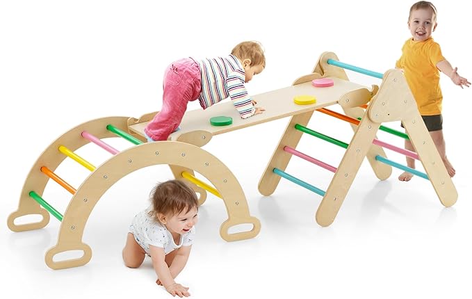 GLACER 5-in-1 Triangular Set of 3, Baby Climbing Toys w/Triangular Climber Arch Ramp Rocker, Indoor Outdoor Playground Wood Climbing Set, Early-Learning Montessori Toys (Colorful)