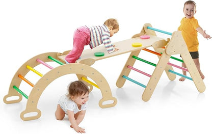 GLACER 5-in-1 Triangular Set of 3, Baby Climbing Toys w/Triangular Climber Arch Ramp Rocker, Indoor Outdoor Playground Wood Climbing Set, Early-Learning Montessori Toys (Colorful)