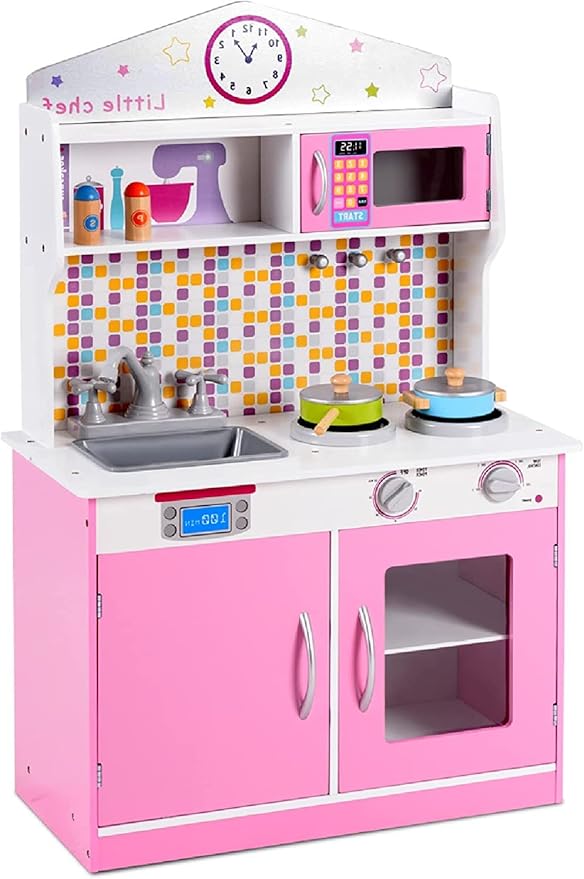OLAKIDS Kids Kitchen Playset, Wooden Play Kitchen for Toddlers with Real Sounds, Stove Microwave Oven Sink Faucet, Large Storage Cabinet, Pretend Play Toys Cooking Gift for Boys Girls (Pink)