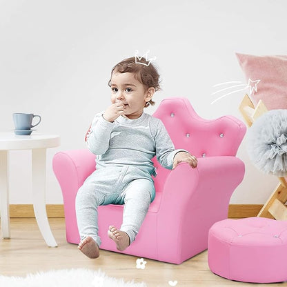 Costzon Kids Sofa, Children Upholstered Sofa with Ottoman, Princess Sofa with Diamond Decoration, Smooth PVC Leather Toddler Chair, Kids Couch for Boys and Girls, Gift for Toddlers (Pink)