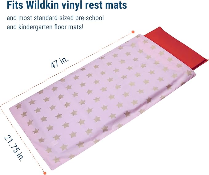 Wildkin Kids Nap Mat Cover for Boys & Girls, Sewn-in Flap Design Rest Mat Cover, Perfect for Preschool & Daycare, Fits our Vinyl Nap Mat up to 1.5 Inches Including Basic Sleep Mat(Pink and Gold Stars)