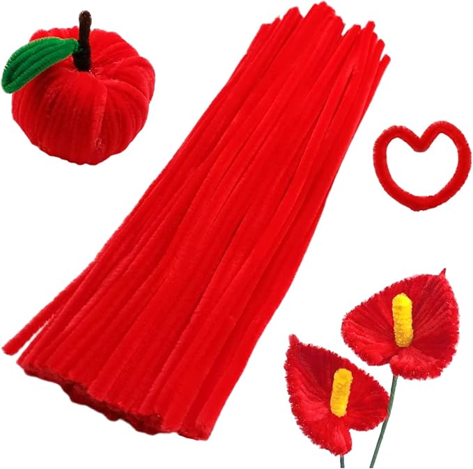 Swpohrat 100 Pieces Red Pipe Cleaner Craft Set,Thick Fuzzy Chenille Stem Pipe Cleaners for DIY Craft Projects and Decorations