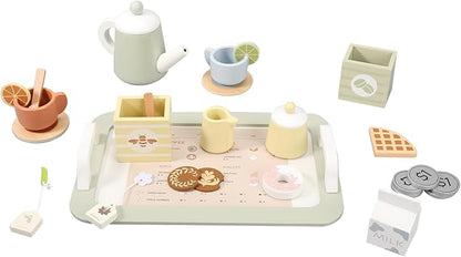 Wooden Tea Party Set for Little Girls, Play Tea Set for Kids Toddlers, Pretend Play Kitchen Toy Gift for 1 2 3 4 5 Years Old