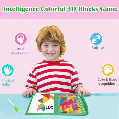 Wooden Blocks Puzzle Brain Teasers Toy (Magnetic version), Travel Tangram Puzzle - Magnetic Pattern Block Book Road Trip Game Jigsaw Shapes Dissection STEM Games with Solution for Kid Adult Challenge
