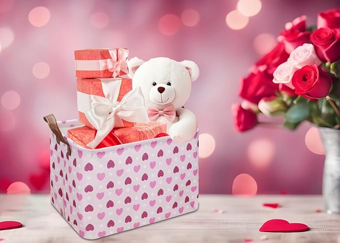 NTAOHAMPER Rectangular Pink Heart Gift Basket Empty,Fabric Storage Basket with Handles,Kids Toys/Books Box,Lovely Storage Bin,Room Decor(Pink Love)