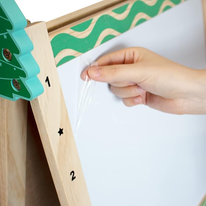 Kids Easel with Paper Roll Wooden Art Easel with Chalkboard & White Board Painting Accessories Storage Tray Double-Sided Board Height Adjustable