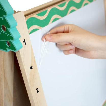 Kids Easel with Paper Roll Wooden Art Easel with Chalkboard & White Board Painting Accessories Storage Tray Double-Sided Board Height Adjustable