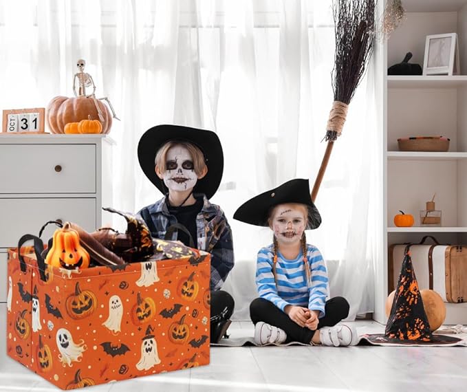 HIYAGON Halloween Pumpkin Basket for Boys & Girls - Trick or Treat & Party Decor - Rectangular Storage Bin Organizer