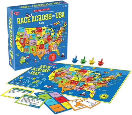 University Games, Scholastic Race Across the USA Board Game , Geography Learning Game for Kids and Families, for 2 to 4 Players Ages 8 and Up