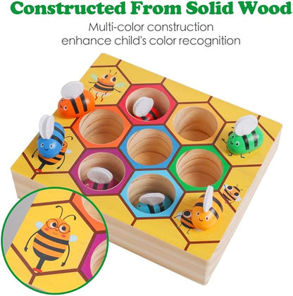 Toddler Fine Motor Skill Toy, Clamp Bee to Hive Matching Game, Montessori Wooden Bee Hive Toys, Wood Color Sorting Puzzle Early Learning Preschool Educational Gift for 2 3 4 Years Old Kids