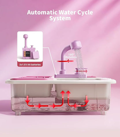 Geyiie Kitchen Sink Toy for Toddlers, Play Sink with Running Water, Upgraded Real Faucet, Dish Rack & Play Cutting Food, Kids Kitchen Sink Toy Gifts for 3 4 5 6 7 Years Old