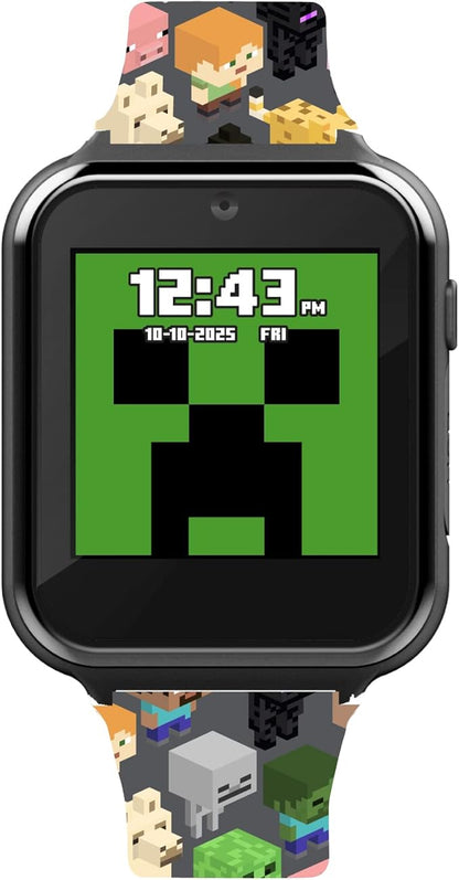 Minecraft Kids LED Smartwatch Interactive Gaming-Themed Watch 10 Changeable Faces, Step Counter, Calculator, Games, Selfie Cam, Alarm & Timer, Printed Silicone Straps – Fits Wrists 5.5"-8.0"