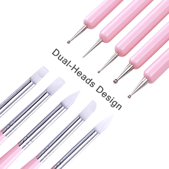 5pcs Nail Art Dotting Tools Pen Dual Head UV Gel Carving Pen Nail Silicone Brushes Set Pottery Clay Sculpting Tools Modeling Painting Drawing Tool DIY Art Craft (Pink)