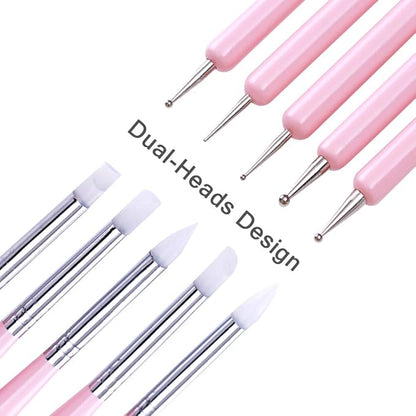 5pcs Nail Art Dotting Tools Pen Dual Head UV Gel Carving Pen Nail Silicone Brushes Set Pottery Clay Sculpting Tools Modeling Painting Drawing Tool DIY Art Craft (Pink)