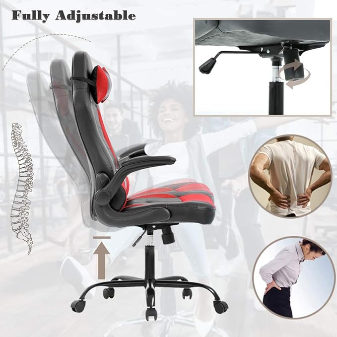 BestOffice PC Gaming Chair Ergonomic Office Chair Desk Chair with Lumbar Support Flip Up Arms Headrest PU Leather Executive High Back Computer Chair for Adults Women Men (Red)