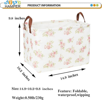 NTAOHAMPER Rectangular Pink Flower Basket for Girls, Storage Bin with Handles, Room Decor, Gift Basket(Pink Flower)