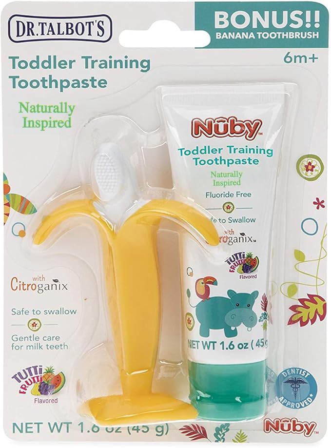 Dr. Talbot's Toddler Training Toothpaste Naturally Inspired with Citroganix, with Nuby Nananubs Banana Massaging Toothbrush, 1.6 Ounce, 6+ Months