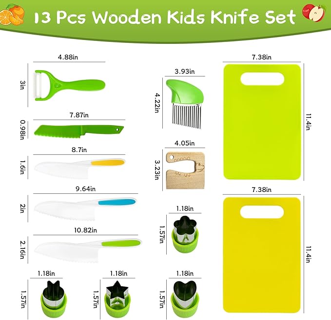 Chanking 13 Pieces Kids Safe Knife Set for Real Cooking Child-Friendly Plastic Chef Tools Montessori Kitchen Toys for Toddlers Birthday Gifts for Boys and Girls Ages 4+ (A)