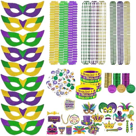 219 Pcs Mardi Gras Party Favors Set, Mardi Gras Masks, Bracelets, Beads Necklaces, Photo Booth Props, Temporary Tattoos Stickers and Coins Set, for Mardi Gras Parade Masquerade Party Decorations