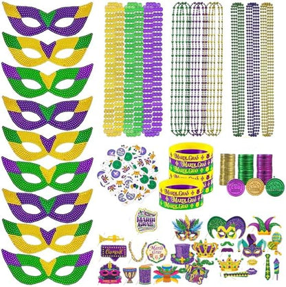 219 Pcs Mardi Gras Party Favors Set, Mardi Gras Masks, Bracelets, Beads Necklaces, Photo Booth Props, Temporary Tattoos Stickers and Coins Set, for Mardi Gras Parade Masquerade Party Decorations