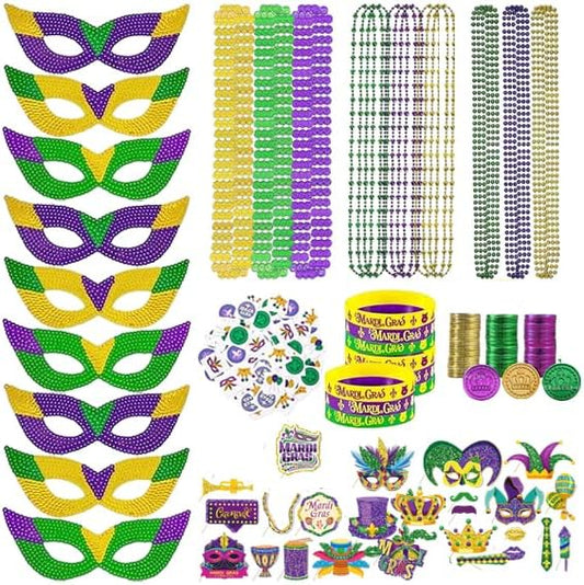 219 Pcs Mardi Gras Party Favors Set, Mardi Gras Masks, Bracelets, Beads Necklaces, Photo Booth Props, Temporary Tattoos Stickers and Coins Set, for Mardi Gras Parade Masquerade Party Decorations