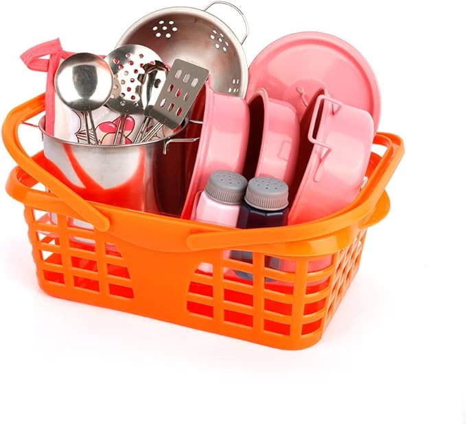 Kids Play Kitchen Toy Accessories Set Toddler Cooking Playset Colorful Stainless Steel Pots and Pans Birthday Gifts for 3+ Girls Boys (Pink)