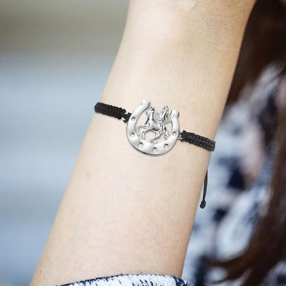 Junkin Horse Bracelets Horse Party Favors Black Braided Bit Charm Handmade String Bangle Kentucky Horse Jewelry Derby Party Supplies Equestrian Gifts for Teen Girls Boys (Cowboy Style, 12 Pieces)