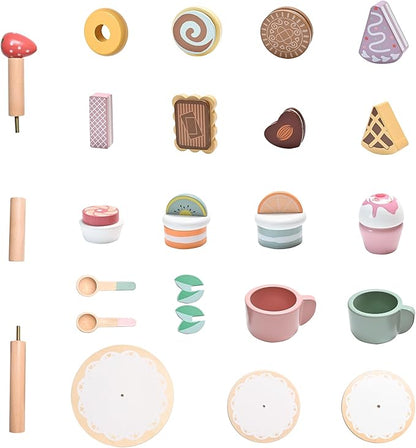 19pcs Wooden Tea Set for Little Girls, Toddler Tea Set Wooden Toys Play Kitchen Accessories with Cupcake Stand & Fake Dessert, Kids Tea Party Set Pretend Play Food Birthday Gift Playset
