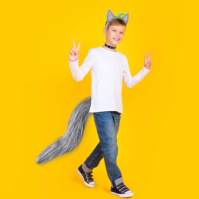 4 Pcs Wolf Costume Wolf Ears Headband Spiked Collar Rivets Bracelet and Tail Animal Costume for Halloween Cosplay Party Accessories Kit