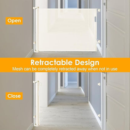 60 Inch Retractable Baby Gate Mesh Dog Gates for The House Pet Gates for Dogs Child Gates for Doorways Outdoor Gates for Decks Stair Gates for Kids or Pets Indoor Gate for Dogs Toddler Gate (Beige)