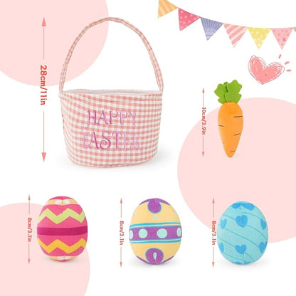 Easter Basket Gift Stuffed Baskets Toys,5 Pack Easter Egg Carrot Plush Toys,Baby Gift Baskets Egg Hunt Toy Easter Party for Baby Toddler Kids (Pink Basket)